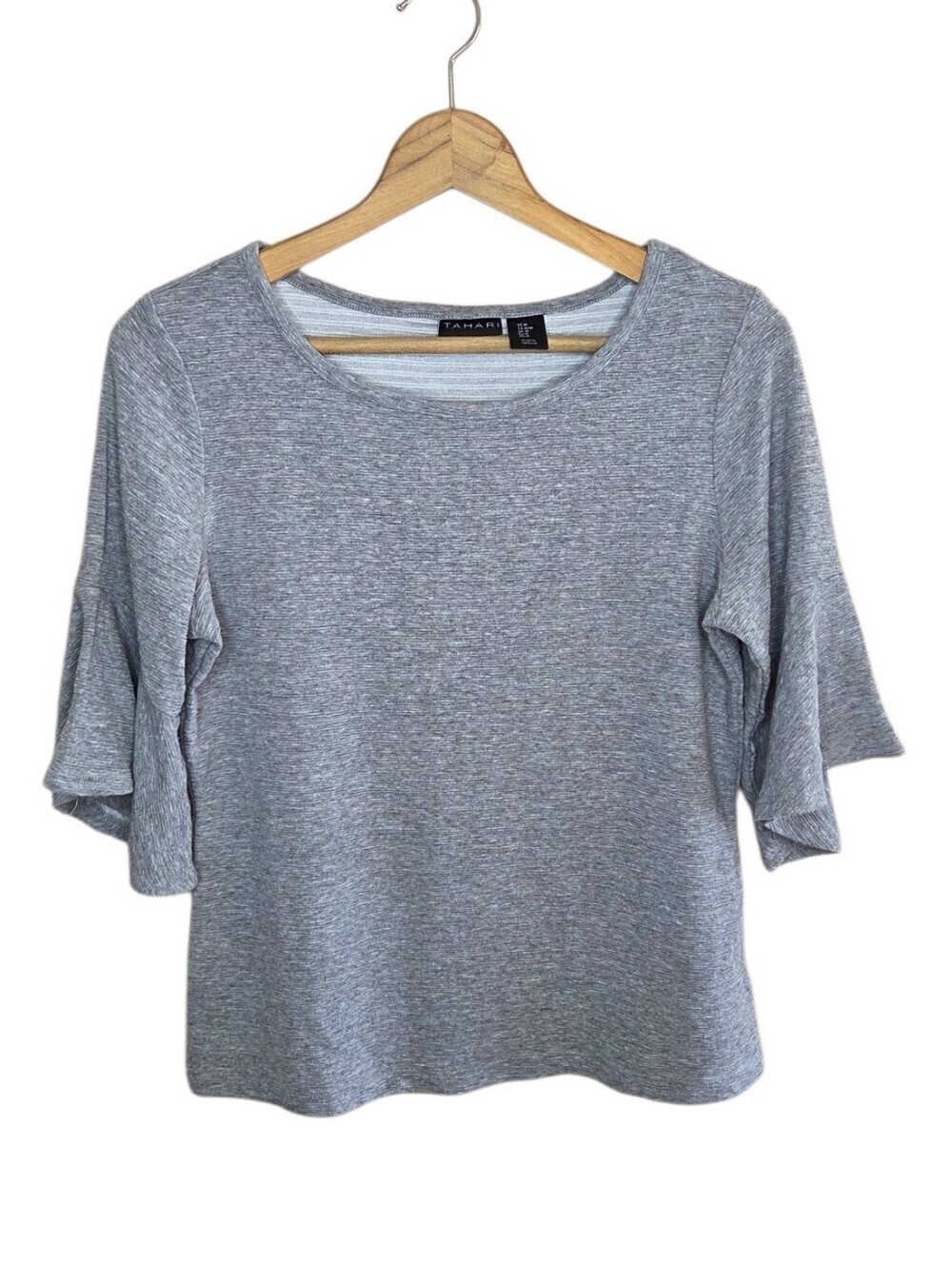 Tahari Gray Flared Trumpet Sleeve Top Size Medium Effortless Office Minimalist